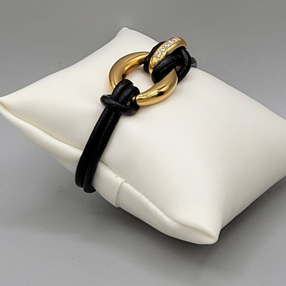 Gold Tone Rings Black Corded Bracelet Crystal Accents Size 5.5 Magnetic Close - Picture 3 of 6